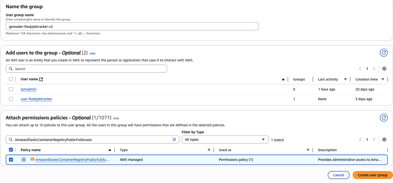 AWS IAM console showing group creation with name 'gereader-flaskjobtracker-v2' and AmazonElasticContainerRegistryPublicFullAccess policy attached