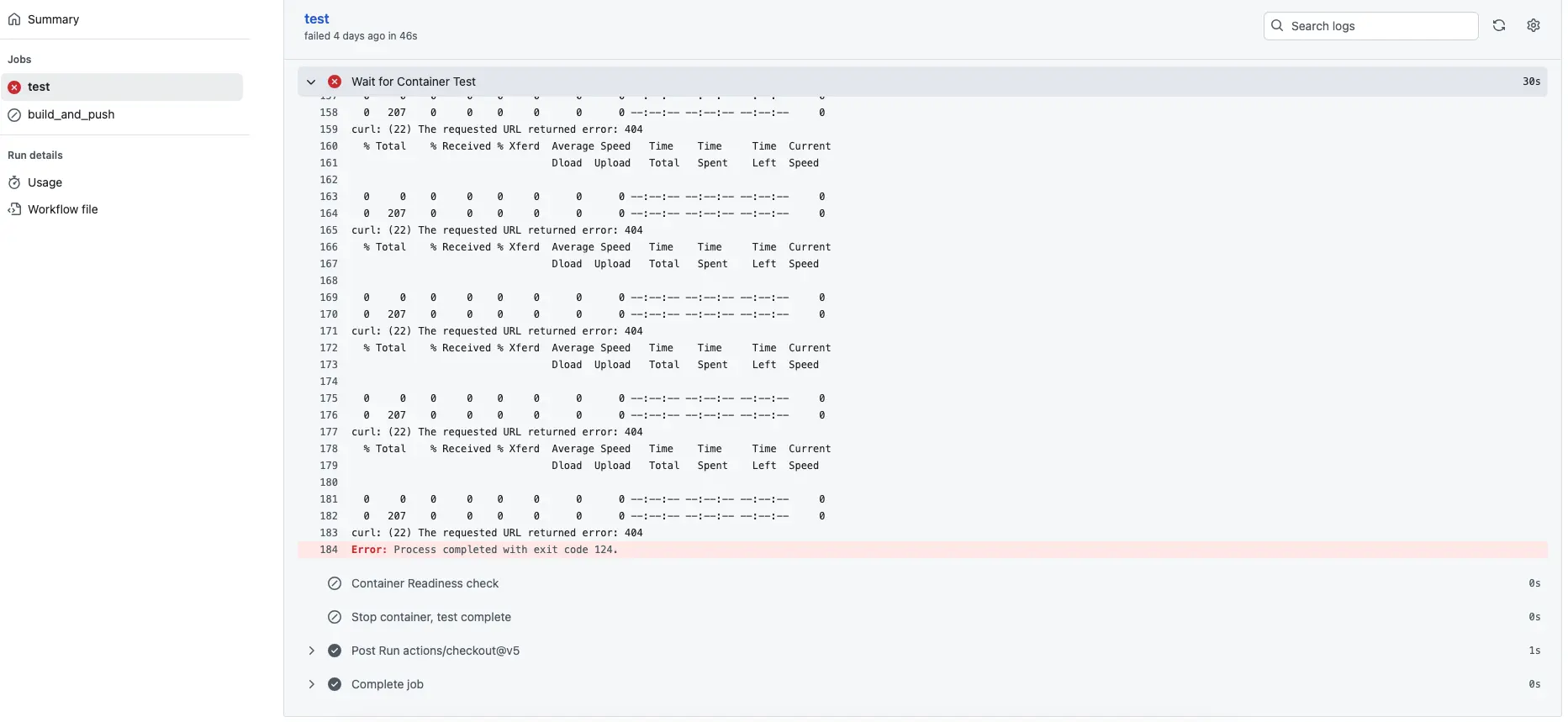 Screenshot showing GitHub Actions interface with red x and error message 'Process completed with exit code 124'