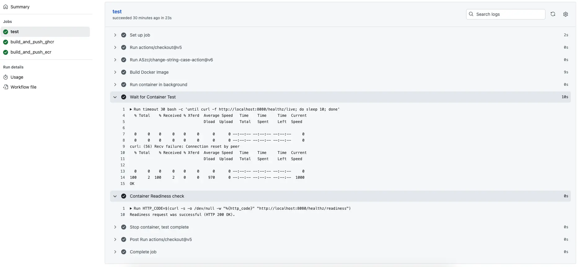 Screenshot showing GitHub Actions interface with check marks and passing test status 'OK'