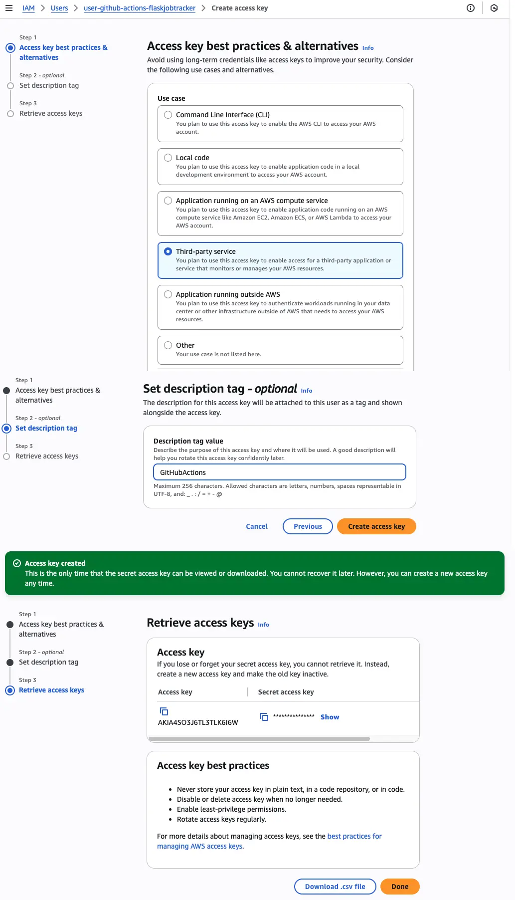 AWS IAM access key creation screen with access key ID visible but secret key hidden