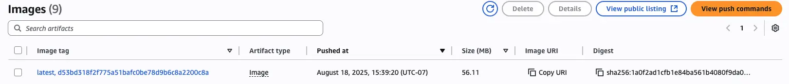 AWS ECR console showing the pushed container image with both latest and commit SHA tag 'd53bd318f2f775a51bafc0be78d9b6c8a2200c8a'