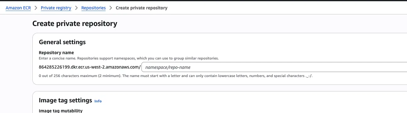 AWS ECR console showing confusing interface defaulting to private repository creation
