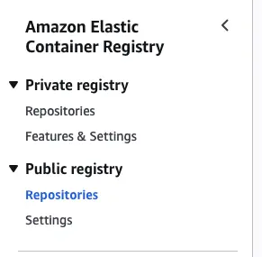 AWS ECR console sidebar highlighting the 'Public registry' option