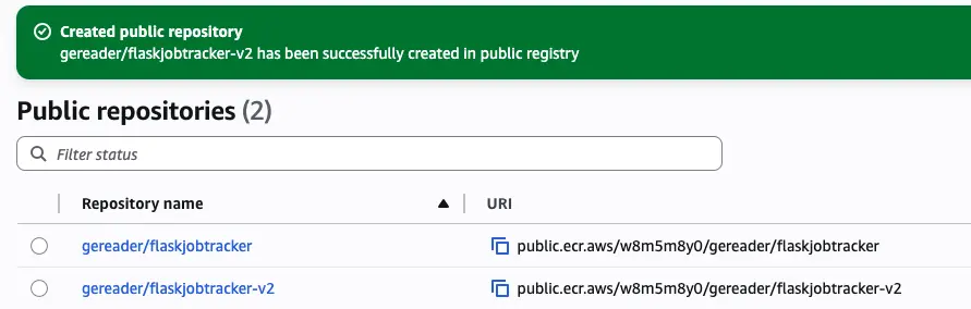 AWS ECR public repository showing created banner with repository name 'gereader/flaskjobtracker-v2' and showing the URI
