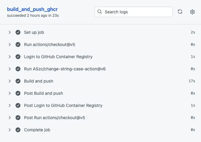 Screenshot showing GitHub Actions build_and_push_ghcr job completing
