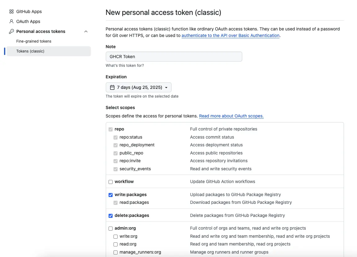 Screenshot showing GitHub New personal access token (classic) screen