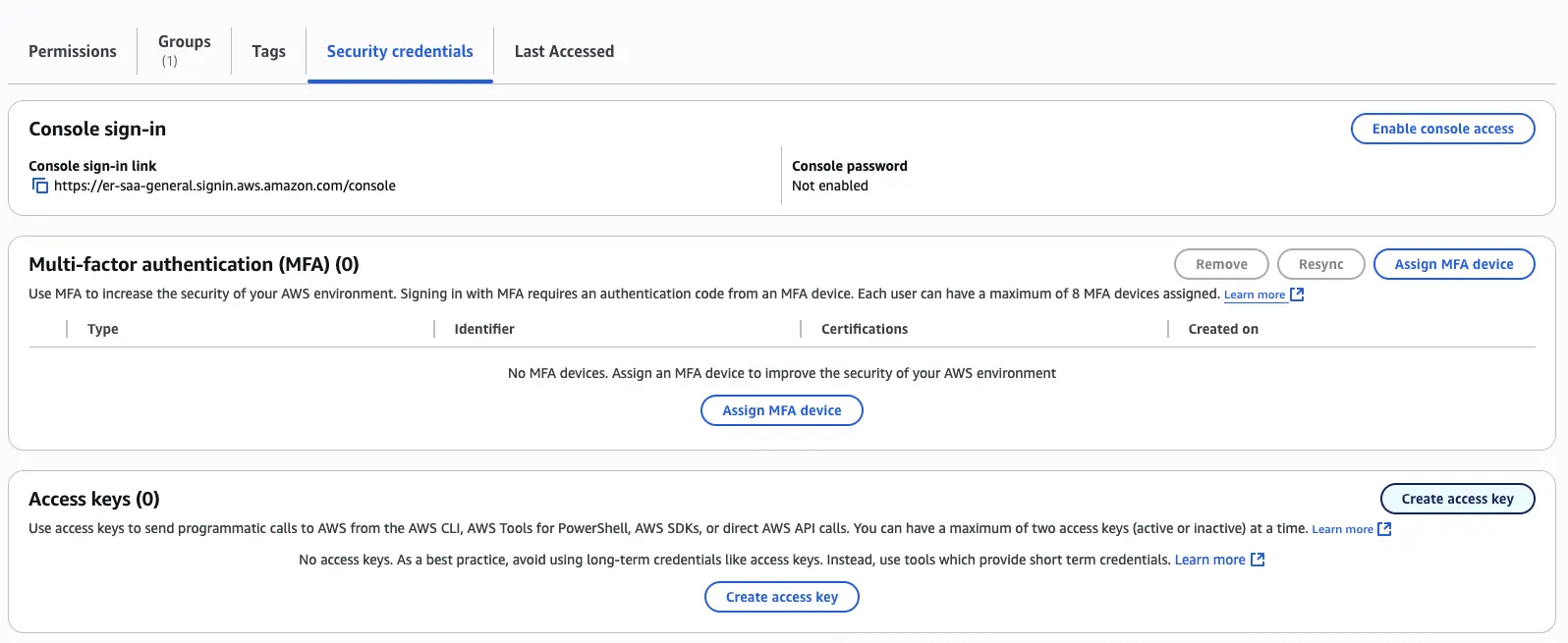 AWS IAM console showing user settings under the Security credentials tab with the 'create access key'