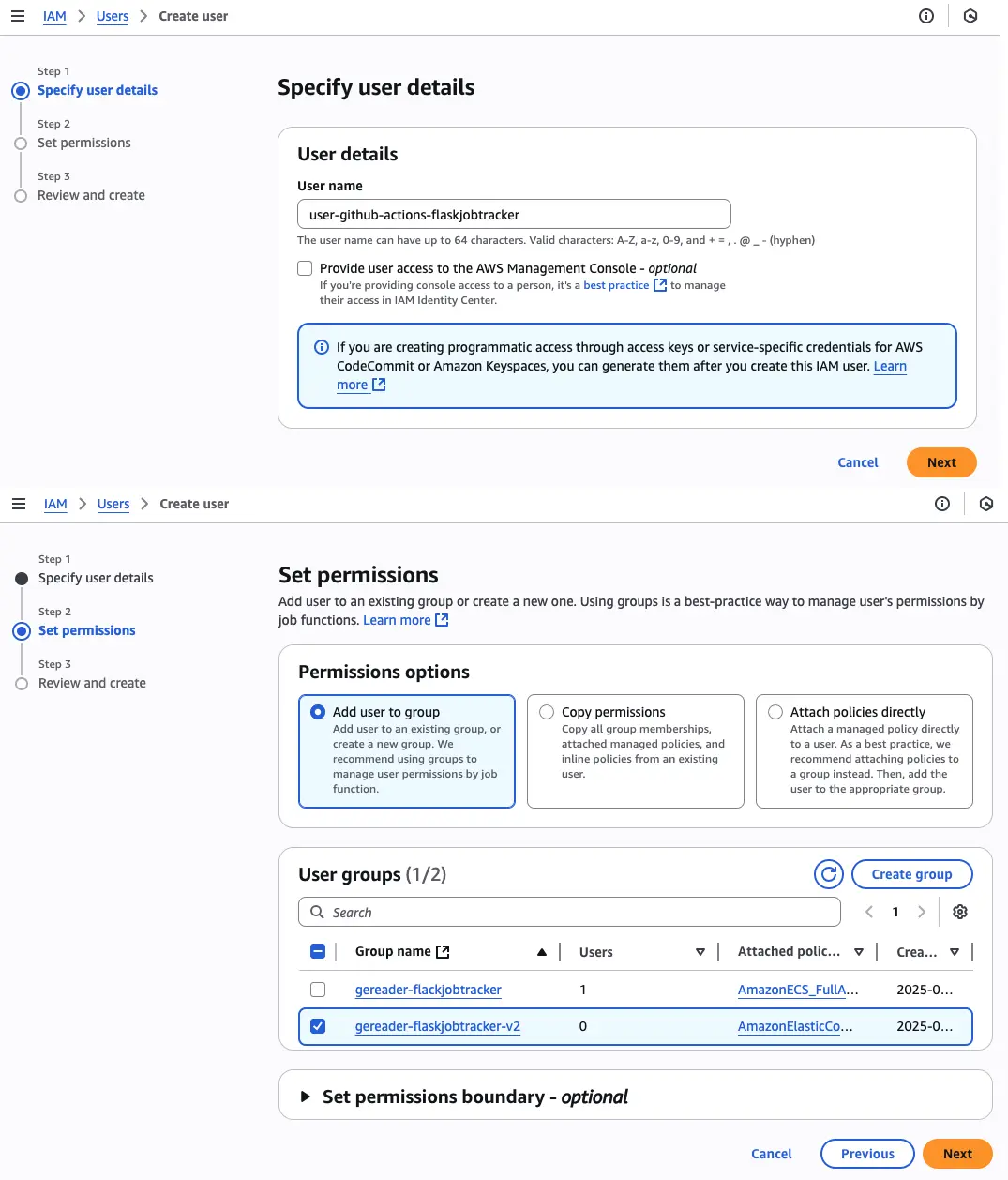 AWS IAM console showing user creation with username 'user-flaskjobtracker' being added to the gereader-flaskjobtracker-v2 group