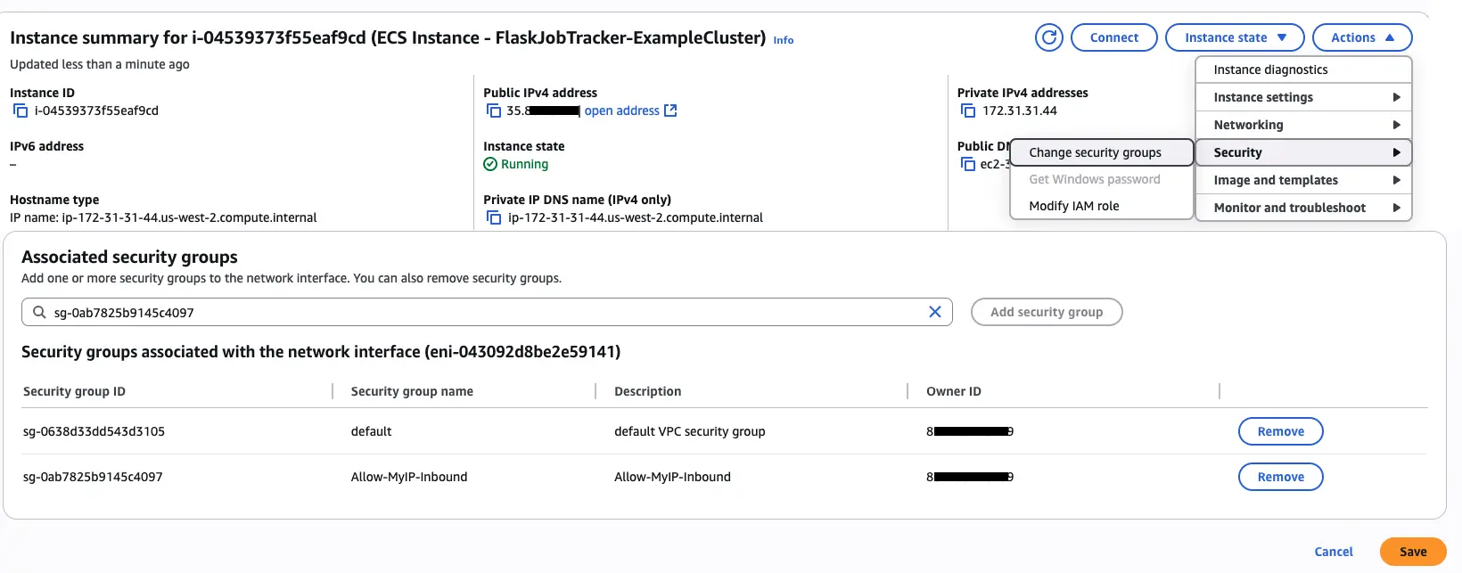 Screenshot showing adding security group to instance