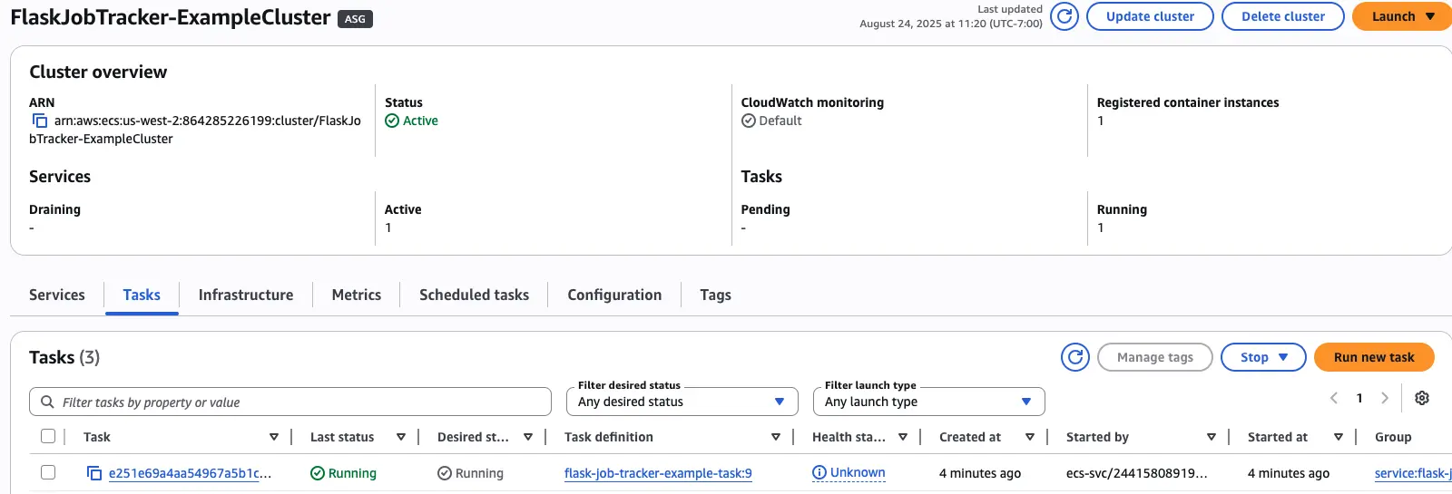 Screenshot showing AWS ECS Cluster with a task showing 3 minutes age, task definition revision 9