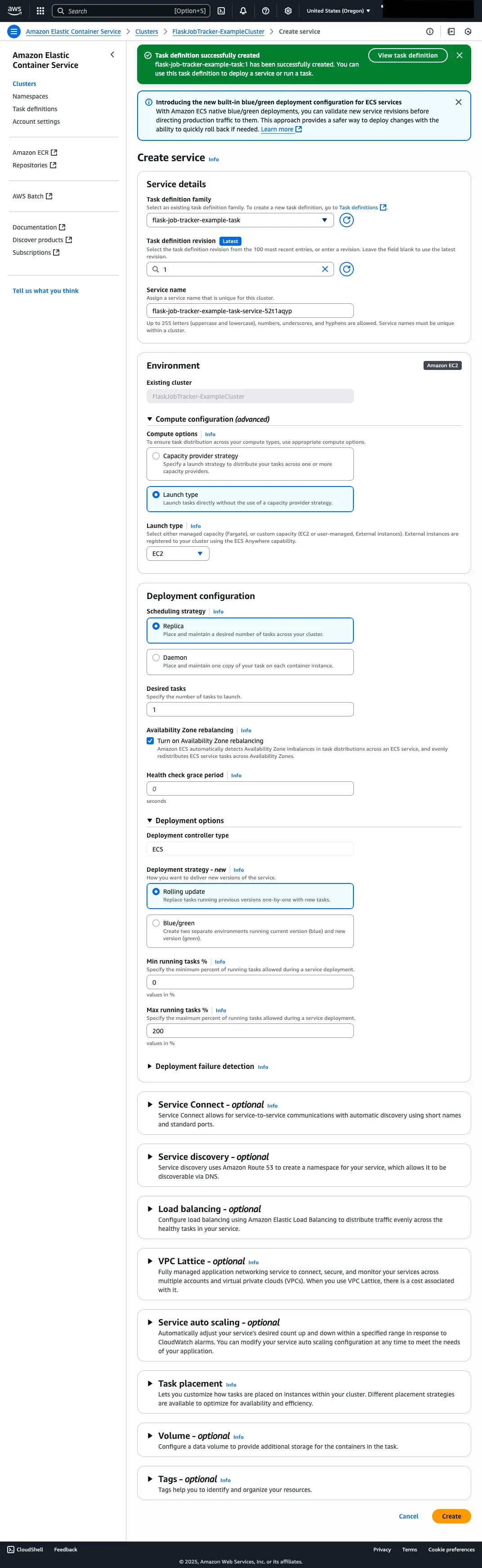Screenshot showing task definition, environment, and deployment configuration being set as specified above.