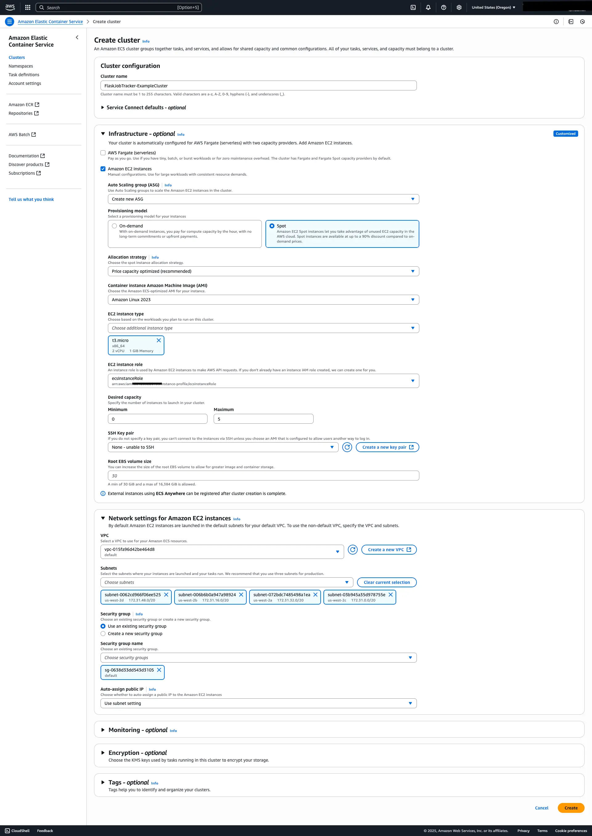 Screenshot showing ECS setup with the cluster name, EC2 spot instance set to t3.micro.