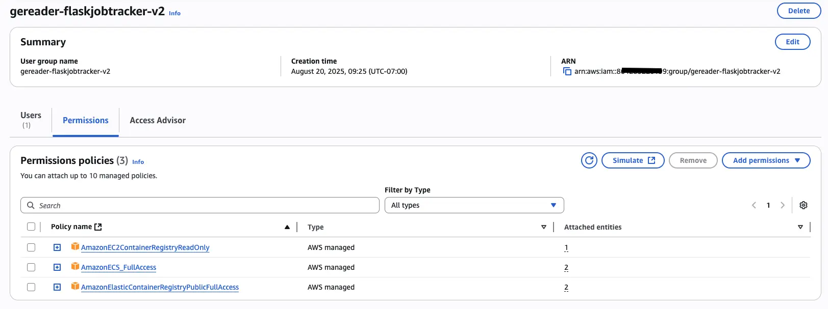 Screenshot showing the user group with 3 permissions assigned. AmazonEC2ContainerRegistryReadOnly, AmazonECS_FullAccess, AmazonElasticContainerRegistryPublicFullAccess