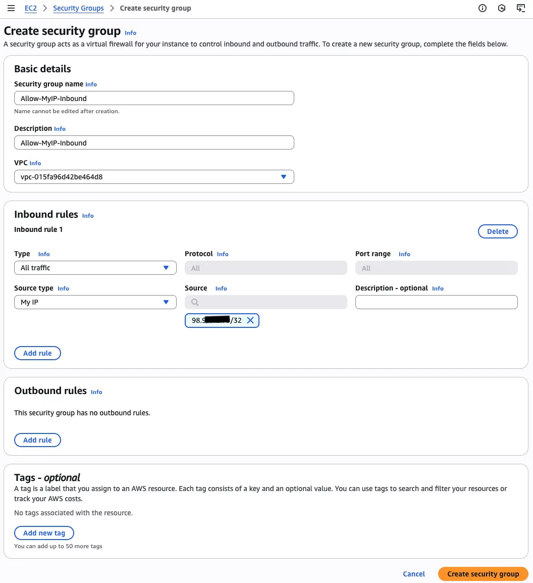 Screenshot showing security group allowing inbound and outbound rule to 'My IP'