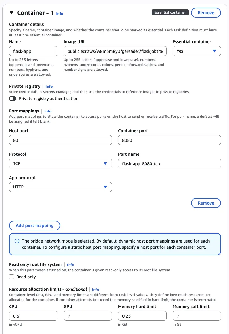 Screenshot showing task definition Container configuration as specified above