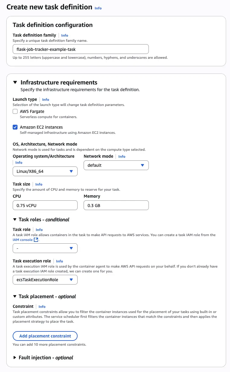 Screenshot showing task definition name and Infrastructure settings as specified above