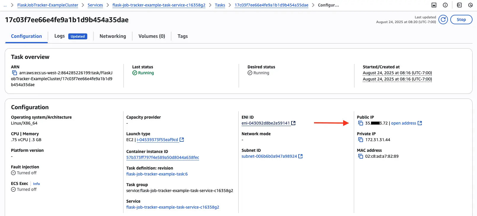 Screenshot showing task running with an arrow pointing to the public IP address assigned.